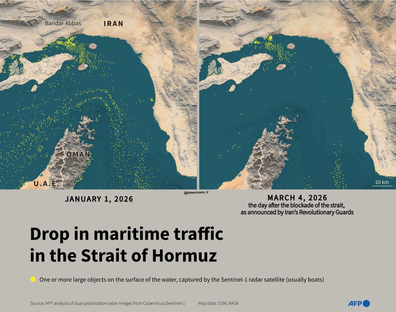 Satellite imagery showing the dramatic drop in maritime traffic through the Strait of Hormuz