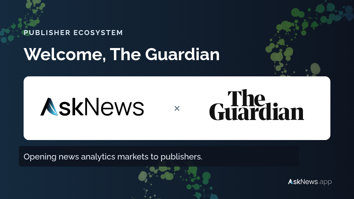 Welcome, The Guardian: AskNews and The Guardian logos side by side.