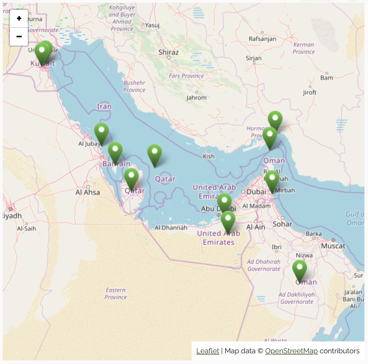 Map view showing geo coordinates of news coverage around the Strait of Hormuz